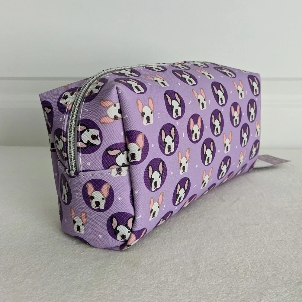 Boston Terrier Frenchie Cosmetic Bag Case Saffiano Vinyl Purple Lined NWT